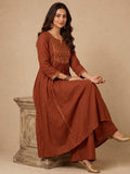 Rust Brown Zari-Work Anarkali Set With Organza Dupatta