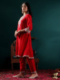 Varanga Women Red Embroidered Straight Kurta Paired With Tonal Bottom And Dupatta