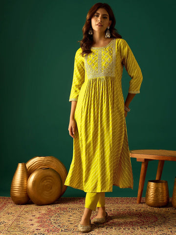 Bandhani-Printed Anarkali With Zari-Embroidered Yoke, Paired With Solid Trousers And Dupatta