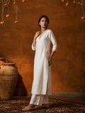 Women's Beige Kurta Set Embroidered V-Neckline And Side-Pocket