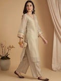 Varanga Women Three-Piece Set Featuring A Shimmer-Detailed Grey Kurta, Solid Ankle-Length Trousers, And An Embroidered Net Dupatta