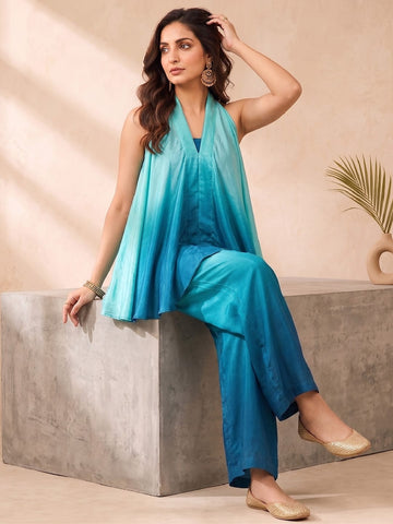 Varanga Women Ombre Dyed Halter Silk Crepe Top with Palazzos