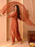 Rust Shiny Kurta Set With Embroidered Dupatta