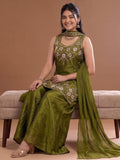 Round Neck Embroidered Kurta Set Featuring Zari And Sequin Work With Flared Palazzo And Embellished Dupatta
