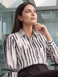 Cream Coloured Slim Collar Long Sleeves Abstract Shirt