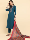 Varanga Thread Embroidered Straight Kurta Paired With Printed Dupatta And Straight Pant