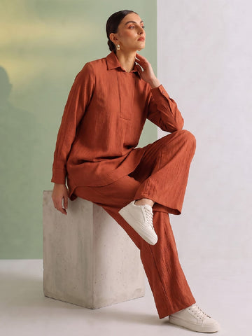 Women's Solid Relaxed-Fit Shirt & Wide-Leg Co-Ord Set