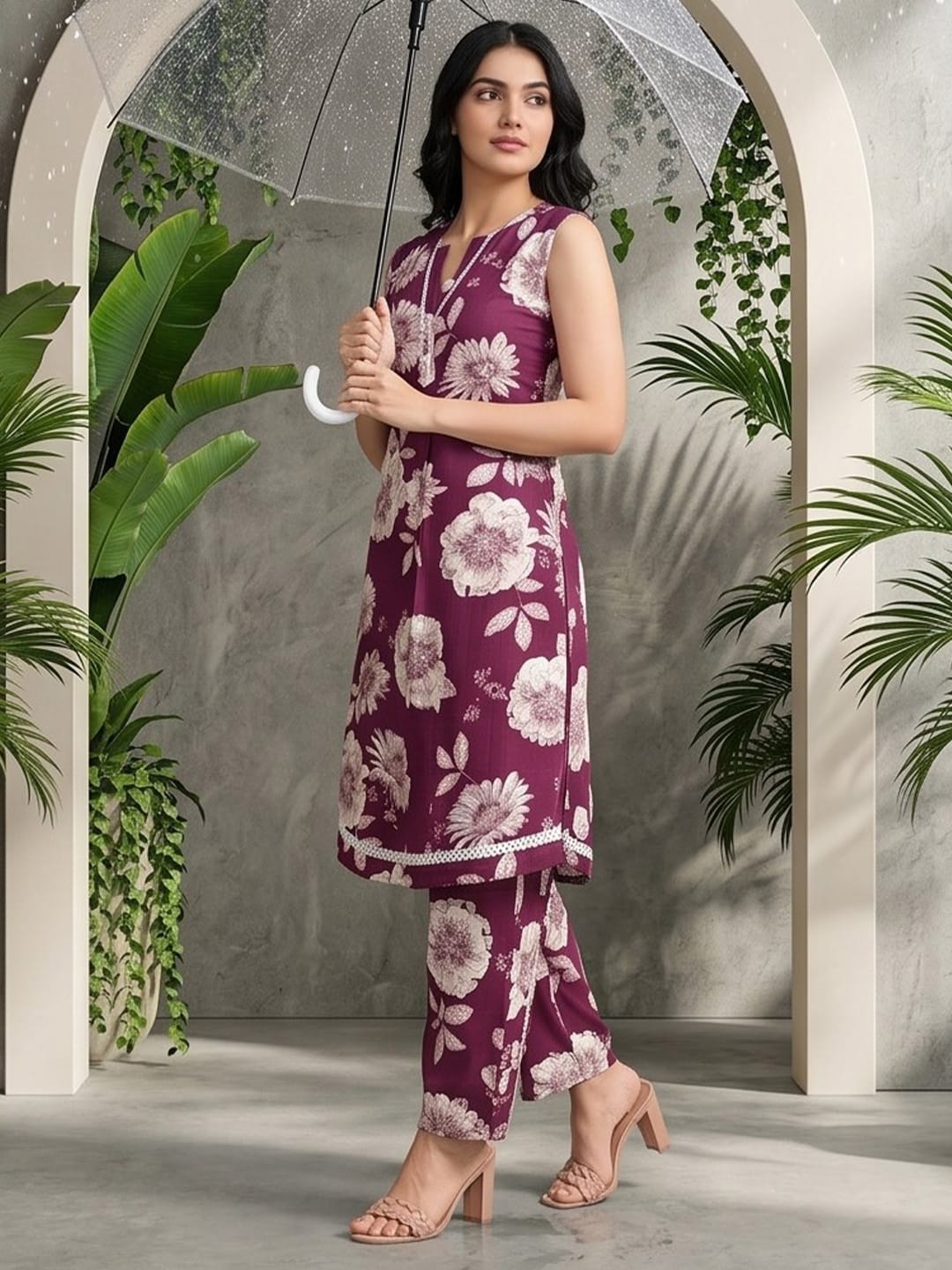 Floral Printed Sleeveless Kurta With Trouser