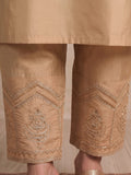 Beige Embroidered Chanderi Kurta Set With Straight Pants And Organza Dupatta.