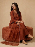 Rust Brown Zari-Work Anarkali Set With Organza Dupatta