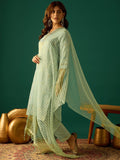 Zari-Embroidered Kurta Paired With Solid Trousers And A Tonal Dupatta
