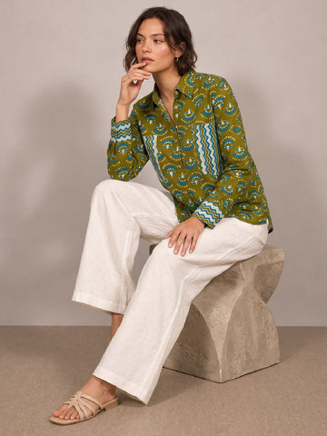Varanga A Stylish Loose Fit Olive Green Printed Cotton Shirt