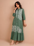 Green Embroidered Dress Featuring Bold Spiral Thread Work