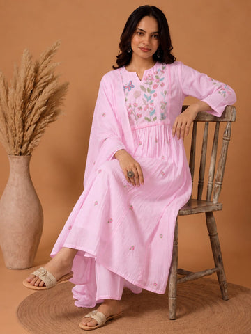 Varanga Women Floral Embroidered Empire Thread Work Pure Cotton Kurta with Trousers & With Dupatta