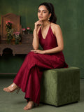 Women'S Wine-Red Jacquard Halter Neck Kurta And Palazzo Set For Festive Wear.