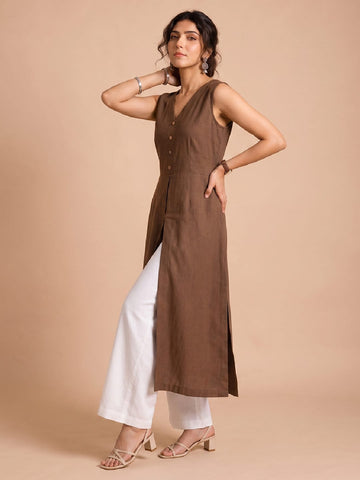 Sleeveless Brown Linen Kurta