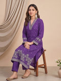 Kurta With Thread Embroidery And A V-Neck With Ankle-Length Trousers And An Embroidered Dupatta