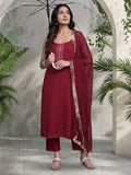 Varanga Women Maroon Round Neck, Spaghetti Strap Style Straight Kurta Paired With Tonal Bottom And Dupatta