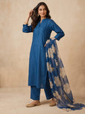 Women's Teal Blue Solid Kurta Set With Floral Printed Dupatta
