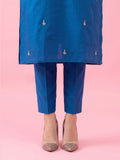 Blue Embroidered Chanderi Kurta Set With Straight Pants And Zari-Bordered Dupatta.