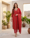 Varanga Women Red Printed  V-Neck Embroidered Kurta With Bottom And Dupatta