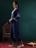 Varanga Women Blue Embroidered Straight Kurta Paired With Tonal Embroidered Bottom And With Tonal Chiffon Dotted Dupatta