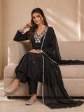 Black Mirror-Work Kurta Set With Trouser And Dupatta