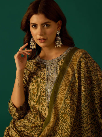Kurta Set With Zari Yoke Embroidery, Printed Trousers, And Floral Dupatta