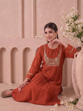 Rust Zari Embroidered Kurta Set With Trouser And Dupatta