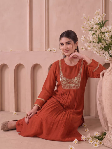Rust Zari Embroidered Kurta Set With Trouser And Dupatta