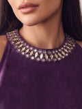 Ombere Purple Halter-Neck Co-Ord Set Featuring An Embellished Neckline And Flowy Wide-Leg Pants.
