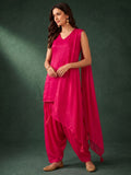 Rani Pink Solid V Neck Short Kurta With Farsi Salwar And Dupatta.