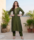Varanga Women Olive Green Round Neck Kurta With Tonal Bottom & Printed Dupatta