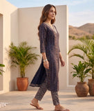 Varanga Women Blue  Printed  Embroidered Kurta With Bottom And Dupatta
