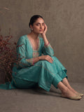 Teal Blue Silk-Blend Embroidered A-Line Kurta With Trousers