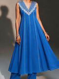 Royal Blue Embroidered Georgette Anarkali Kurta With Trousers (Set Of 2)