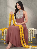 Varanga Women Nude Yoke Embroidered Sleeveless Flared Kurta With Trousers.