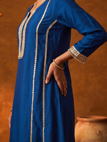 Royal Blue Mirror Work Kurta And Trouser Set With Dupatta