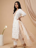 Varanga Women Elegant White 3-Piece Suit Set With Woven Kurta, Straight Pants, And A Rich Brocade Dupatta.