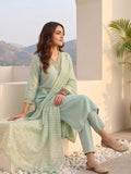 Zari-Embroidered Kurta Paired With Solid Trousers And A Tonal Dupatta .