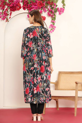 Varanga Women Black Floral Printed Embroidered V-Neck Alia Cut Kurta Paired With Tonal Dupatta