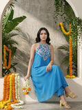 Varanga Women Halter Neck Blue Sleeveless Flared Kurta Paired With Tonal Bottom