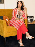 Cotton Striped Printed A-Line Kurta With Solid Trouser