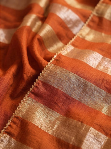 Women Rust Embroidered Kurta Set With Striped Dupatta