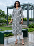 Varanga Women Grey 3/4Th Sleeve, V Neck Collared Kurta.
