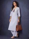 Women Blue Striped Shirt Collar Kurta Set