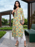 Varanga Women Sea Green Floral Printed Mirror And Thread Embroidered Straight Kurta With Thtree Quarter Sleeves
