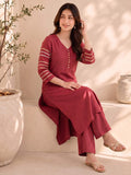 Rust Red Kurta Set Paired With A Shimmering Striped Dupatta