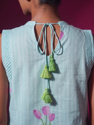 Sky Blue Tulip Print Halter Neck Kurta Set With Wide-Leg Trousers
