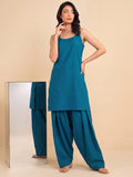 Women Teal Blue Solid Kurta Set With Farsi Salwar & Striped Dupatta
